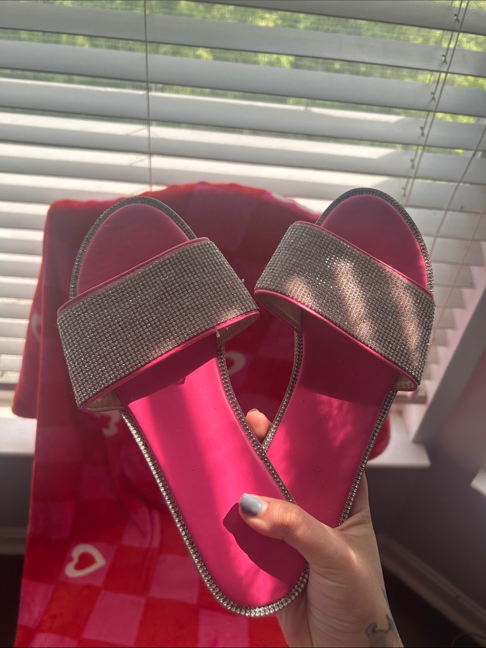 SHEIN Hot Pink Slide Sandals with Silver Rhinestone Strap